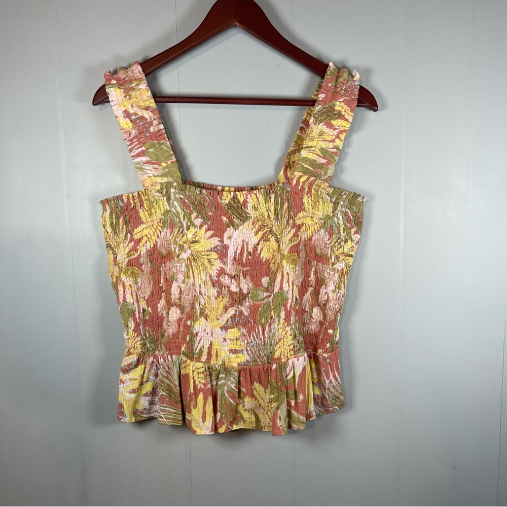 Lauren Conrad XL Smocked Floral Crop Tank Boho Vacation Stretchy Summer Top